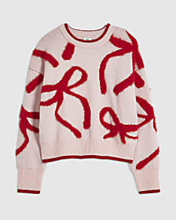 Girls Pink Fluffy Bow Jumper