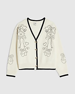 Girls Cream Diamante Bow Cardigan