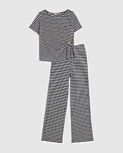 Girls Navy Short Sleeve Stripe Trousers Set