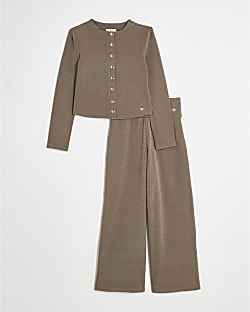 Girls Brown Button Through Top & Trouser Set