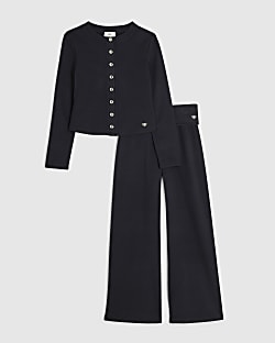 Girls Black Cosy Button Through Top Set