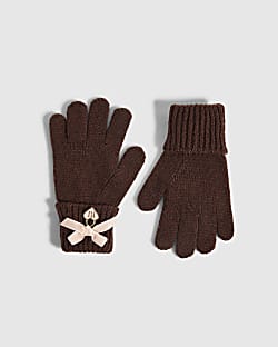Girls Brown 3D Bow Knitted Gloves