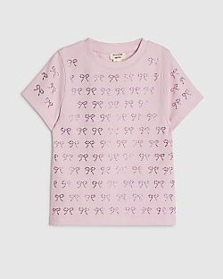 Mini Girls Pink Embellished Bow Print T-Shirt