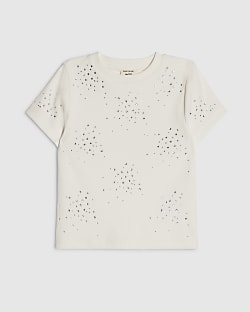 Mini Girls Cream Embellished Scatter T-Shirt