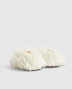 Girls Cream Fluffy Slippers