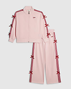 Girls Pink Bow Striped Track Set