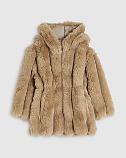Mini Girls Beige Cinched Faux Fur Coat
