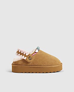 Girls Brown Beaded Faux Fur Lined Slippers
