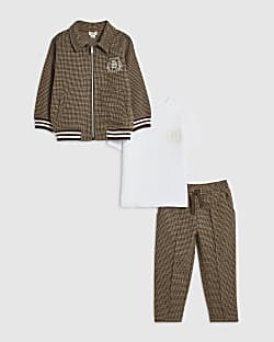 Mini Boys Brown Check Embroidered Jacket Set