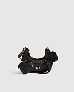 Girls Black Monogram Scoop Bag Heart Charm