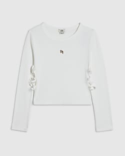 Girls White 3D Bow Long Sleeve Top