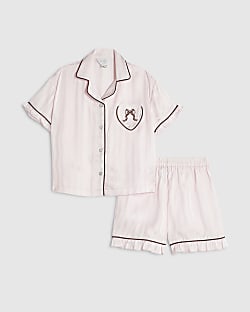 Girls Pink Satin Script Print Pyjamas Set
