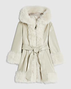 Mini Girls Cream Faux Fur Wrap Coat