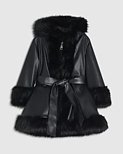 Mini Girls Black Faux Fur Wrap Hoodie Coat