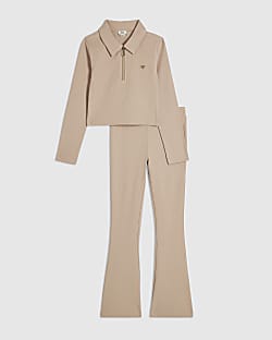 Girls Beige Ribbed Polo Shirt & Leggings Set