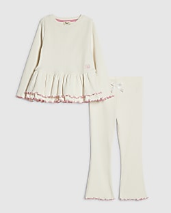 Mini Girls Cream Rib Peplum Top Set