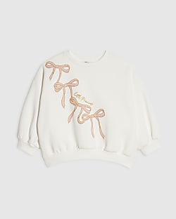 Mini Girls Cream Trailing Bow Sweatshirt
