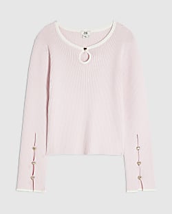Girls Pink Ribbed Keyhole Long Sleeve Top 