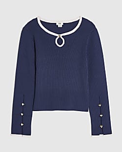 Girls Navy Ribbed Keyhole Long Sleeve Top 