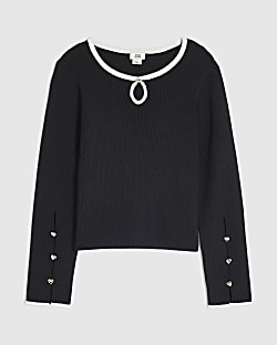 Girls Black Ribbed Keyhole Long Sleeve Top