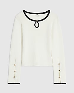 Girls Cream Ribbed Keyhole Long Sleeve Top 