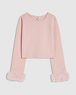 Girls Pink Long Sleeve Faux Fur Cuff Top