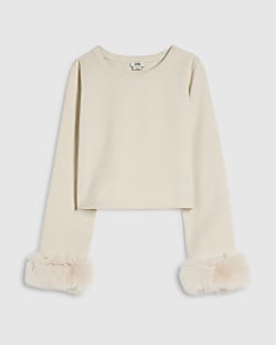 Girls Cream Long Sleeve Faux Fur Cuff Top