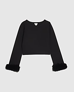 Girls Black Faux Fur Cuff Long Sleeve Top