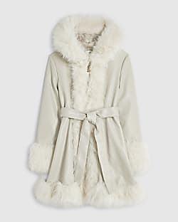 Girls Cream Faux Fur Wrap Hoodie Coat
