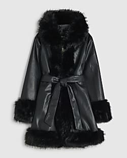 Girls Black Faux Fur Wrap Hoodie Coat