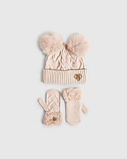 Mini Girls Pink Pom Pom Beanie Set