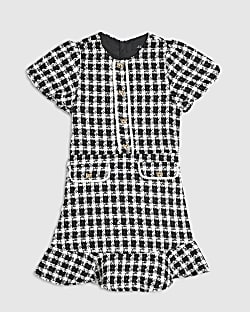 Girls Black Check Puff Sleeve Boucle Dress
