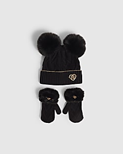 Mini Girls Black Pom Beanie Set
