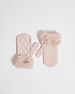 Mini Girls Pink Knitted Faux Fur Mittens