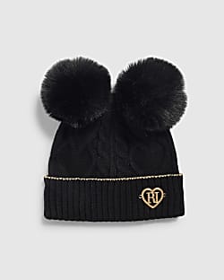 Mini Girls Black Double Pom Beanie