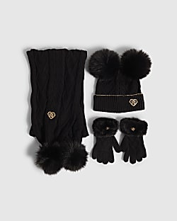 Girls Black Knitted Beanie Bundle Of 3