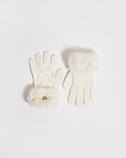 Girls Cream Knitted Faux Fur Gloves