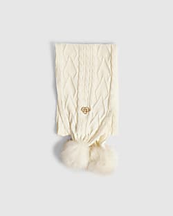 Girls Cream Knit Pom Pom Scarf