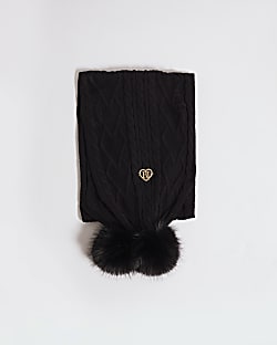 Girls Black Knit Pom Pom Scarf