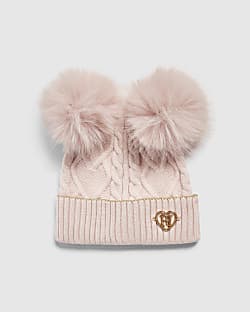 Girls Pink Double Pom Beanie