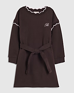 Mini Girls Brown Scalloped Edge Jumper Dress