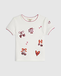 Mini Girls Cream Ribbed Sequin Icons T-Shirt