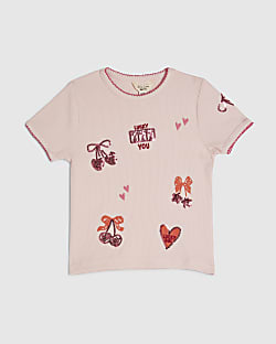 Mini Girls Pink Ribbed Sequin Icons T-Shirt