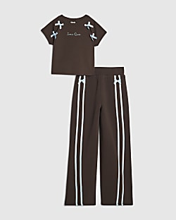 Girls Brown Bow Taped Wide Leg Joggers Set