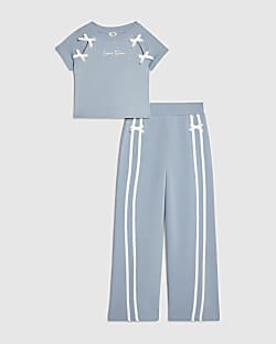 Girls Blue Bow Taped Wide Leg Joggers Set