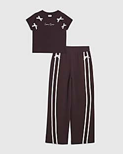 Girls Red Bow Taped Wide Leg Joggers Set