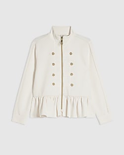 Girls Cream Zip Up Frill Sweatshirt