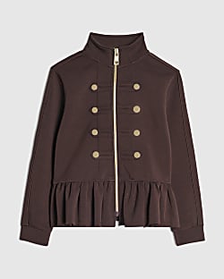 Girls Brown Zip Up Frill Sweatshirt