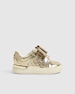 Mini Girls Gold Glitter Bow Trainers