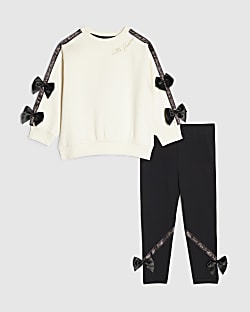 Mini Girls White Satin Bow Sweatshirt Set
